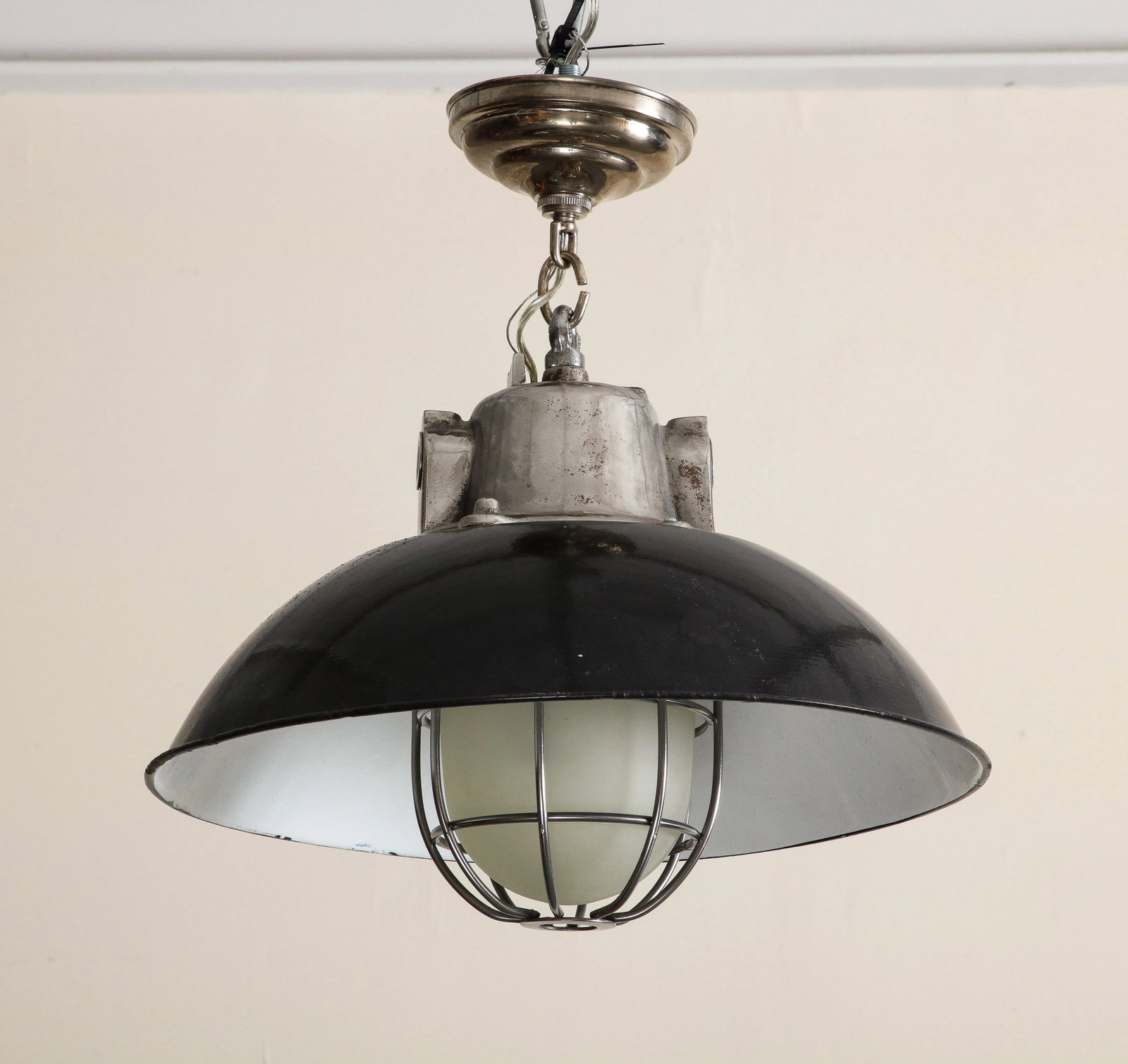 Pair of Midcentury Industrial Style Cage Pendant Lights With Black Enamel Shade - 3