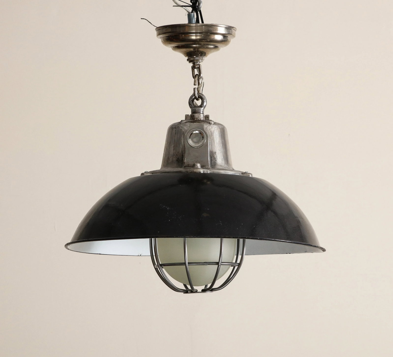 Pair of Midcentury Industrial Style Cage Pendant Lights With Black Enamel Shade - 4