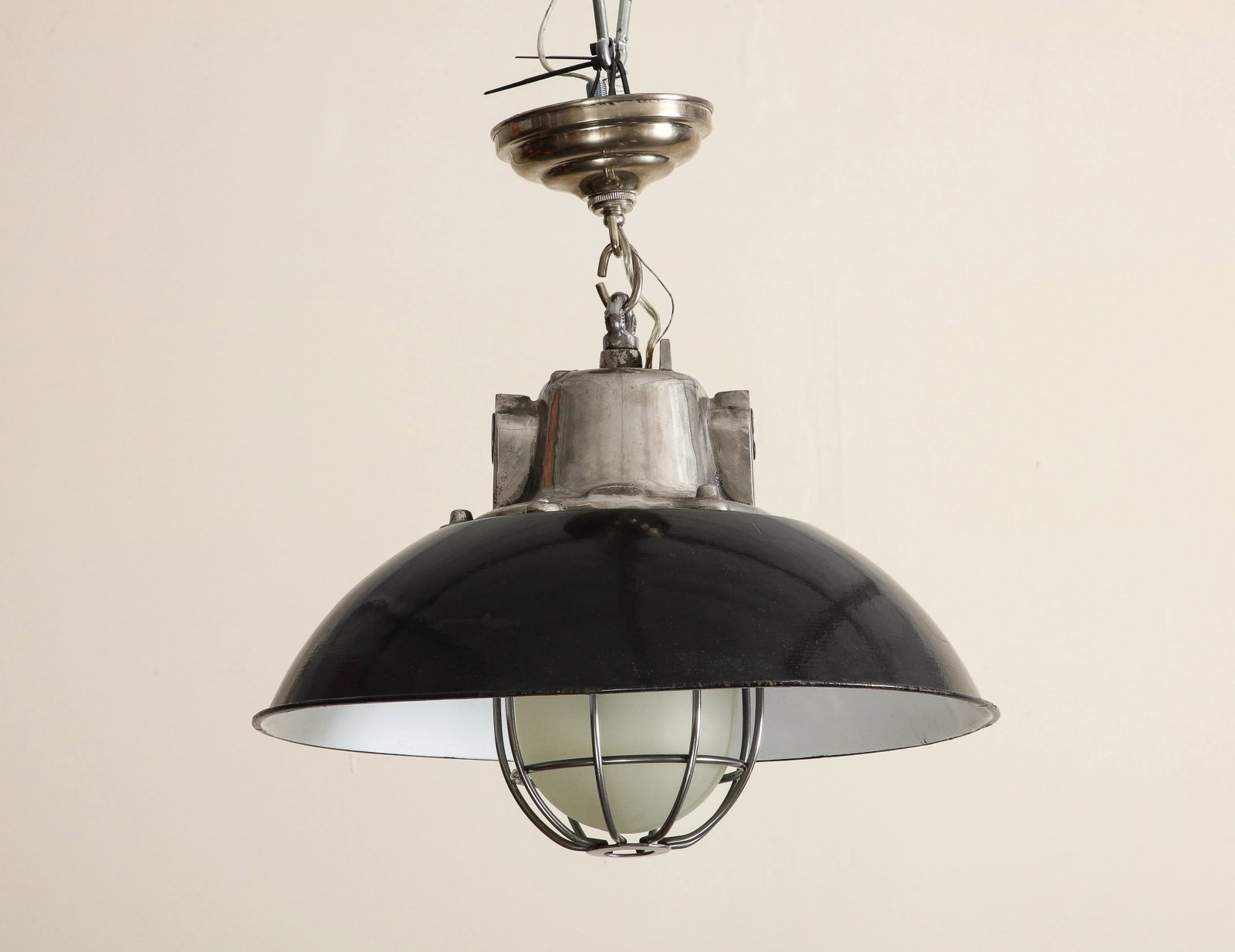 Pair of Midcentury Industrial Style Cage Pendant Lights With Black Enamel Shade - 5