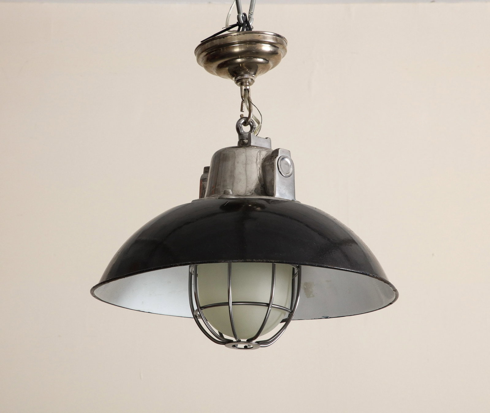 Pair of Midcentury Industrial Style Cage Pendant Lights With Black Enamel Shade - 6