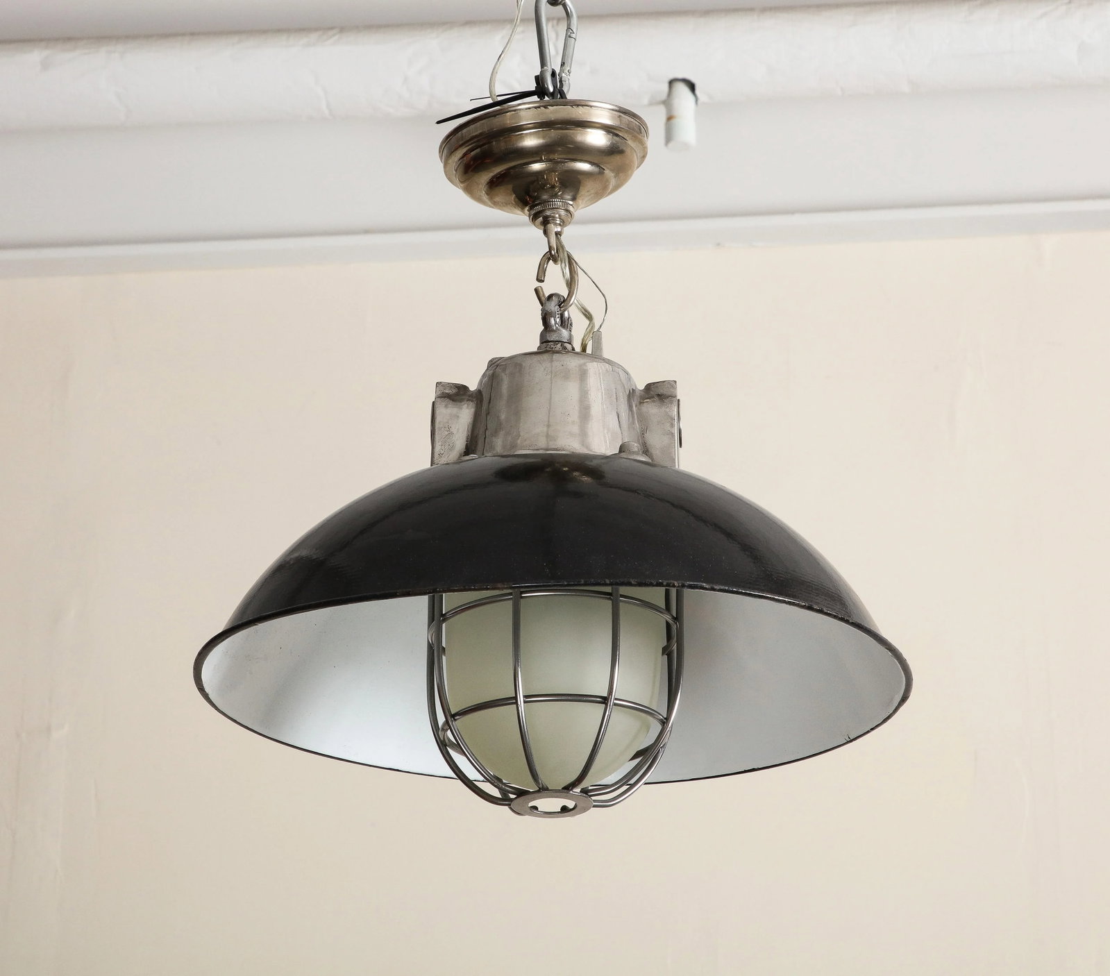 Pair of Midcentury Industrial Style Cage Pendant Lights With Black Enamel Shade - 7