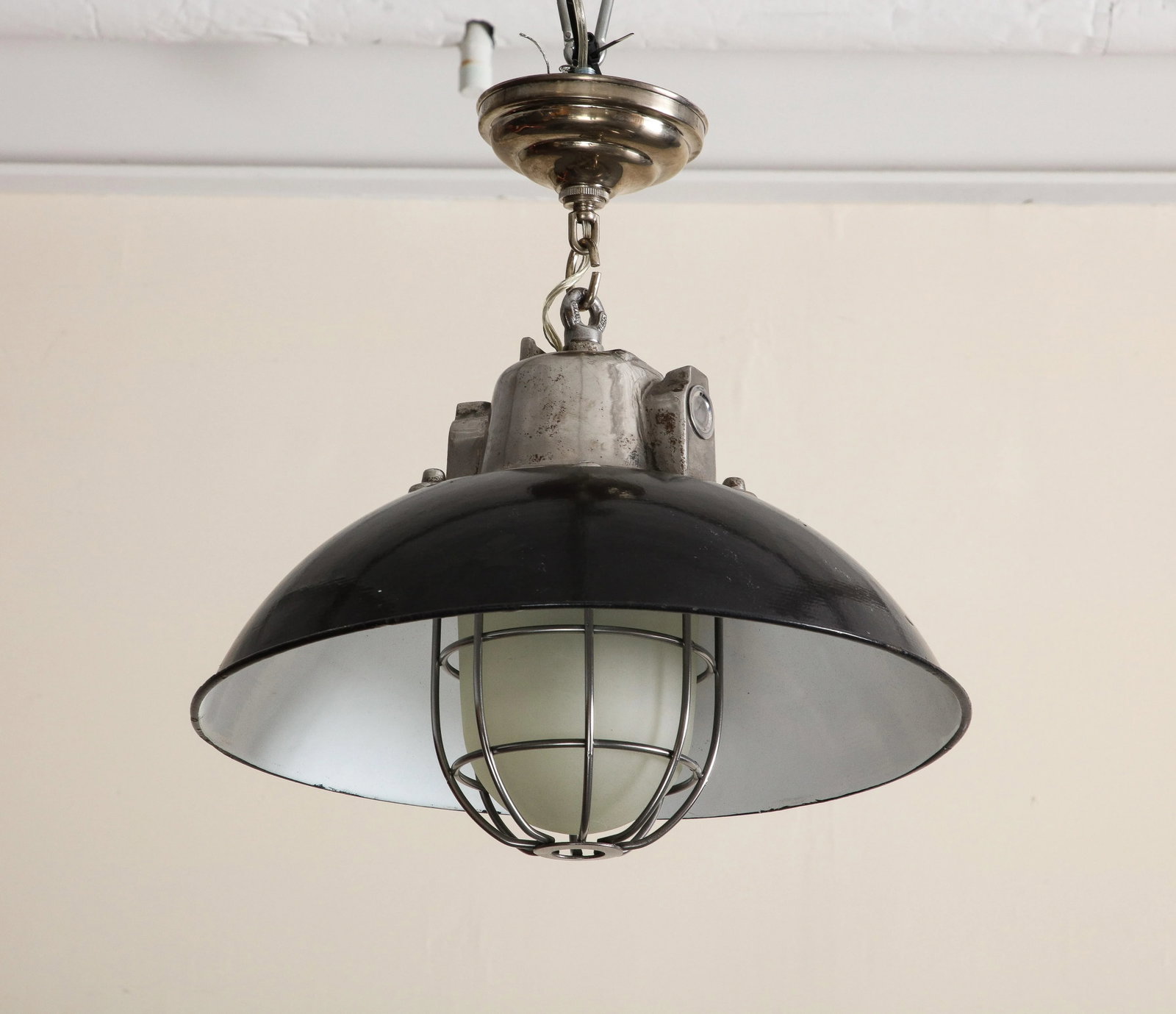 Pair of Midcentury Industrial Style Cage Pendant Lights With Black Enamel Shade - 8