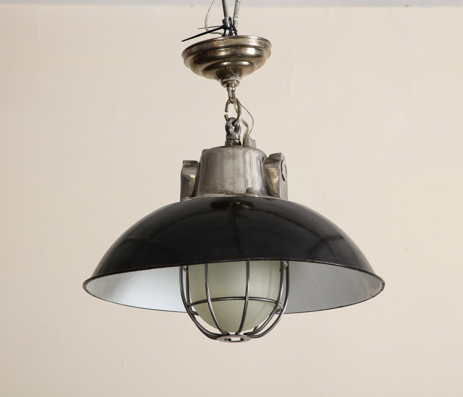 Pair of Midcentury Industrial Style Cage Pendant Lights With Black Enamel Shade - 9