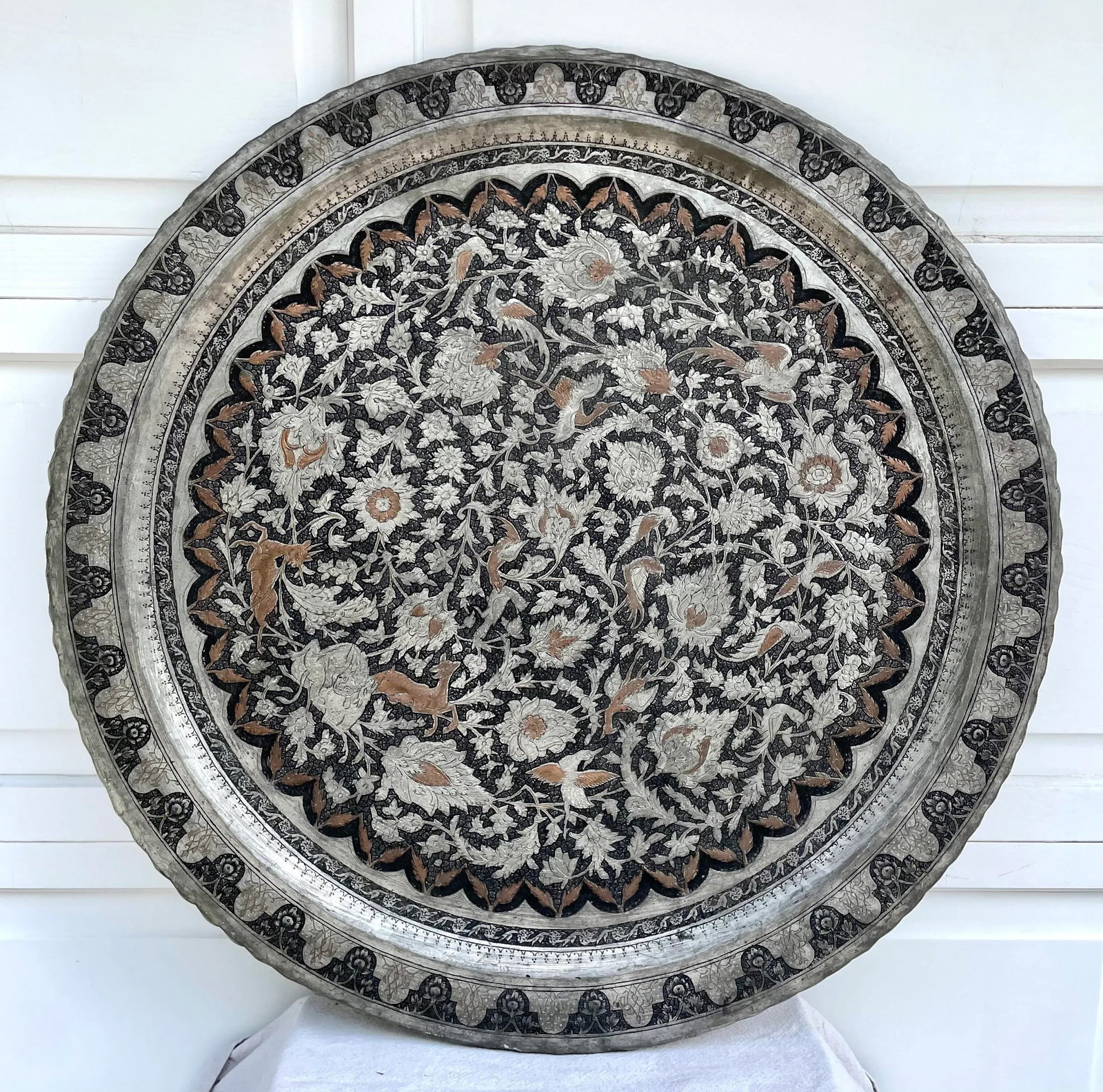 Vintage Islamic Moroccan 34" Engraved Silver Copper Tray Table Top - 10