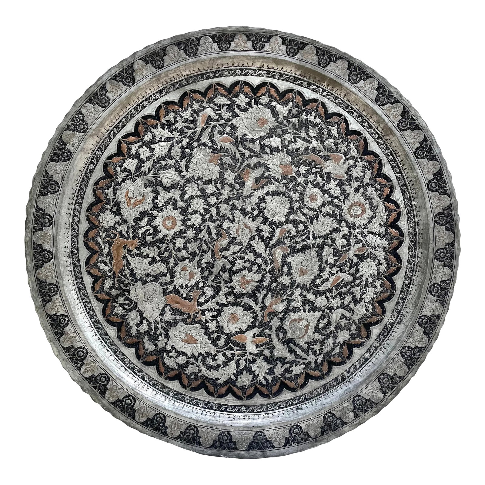 Vintage Islamic Moroccan 34" Engraved Silver Copper Tray Table Top: Here is an absolutely stunning Islamic/Moroccan metal tray tabletop in silver, black and copper metal finishes. The piece is very heavy and expertly, hand-crafted. It has a silver metal background