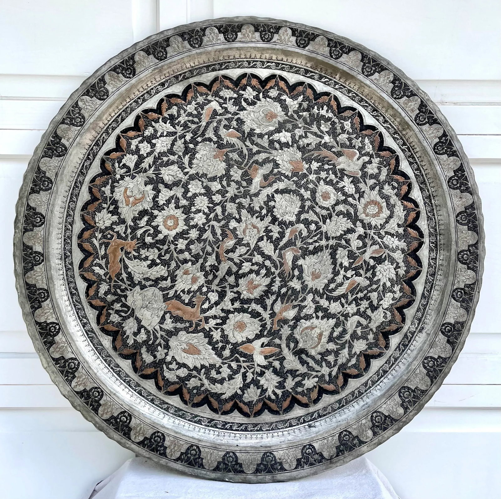 Vintage Islamic Moroccan 34" Engraved Silver Copper Tray Table Top - 2