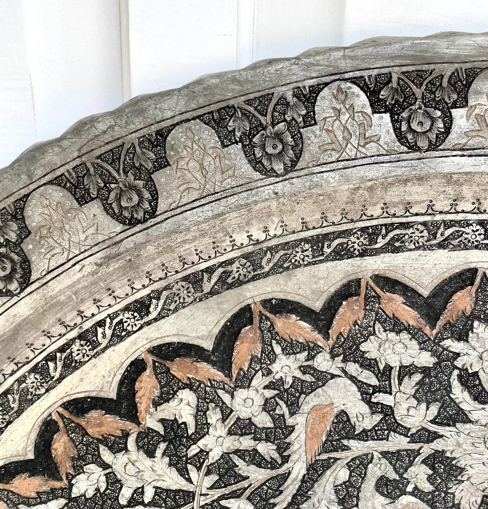 Vintage Islamic Moroccan 34" Engraved Silver Copper Tray Table Top - 3