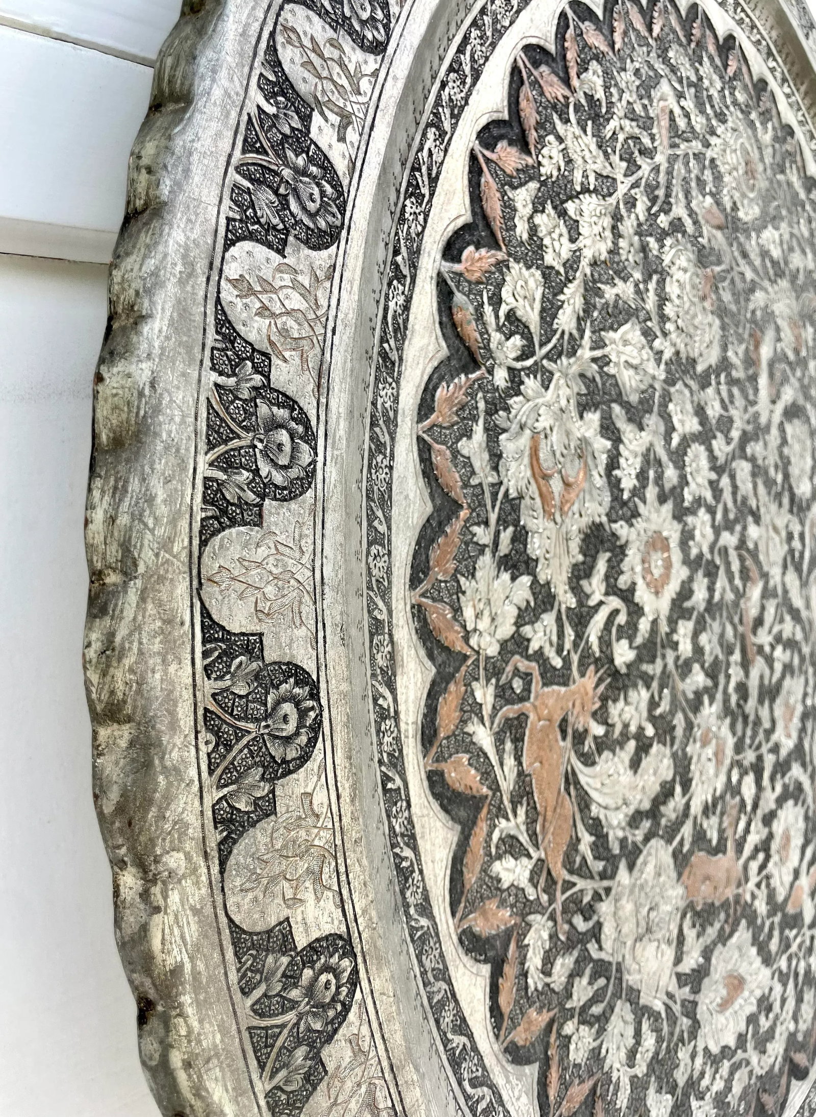 Vintage Islamic Moroccan 34" Engraved Silver Copper Tray Table Top - 8