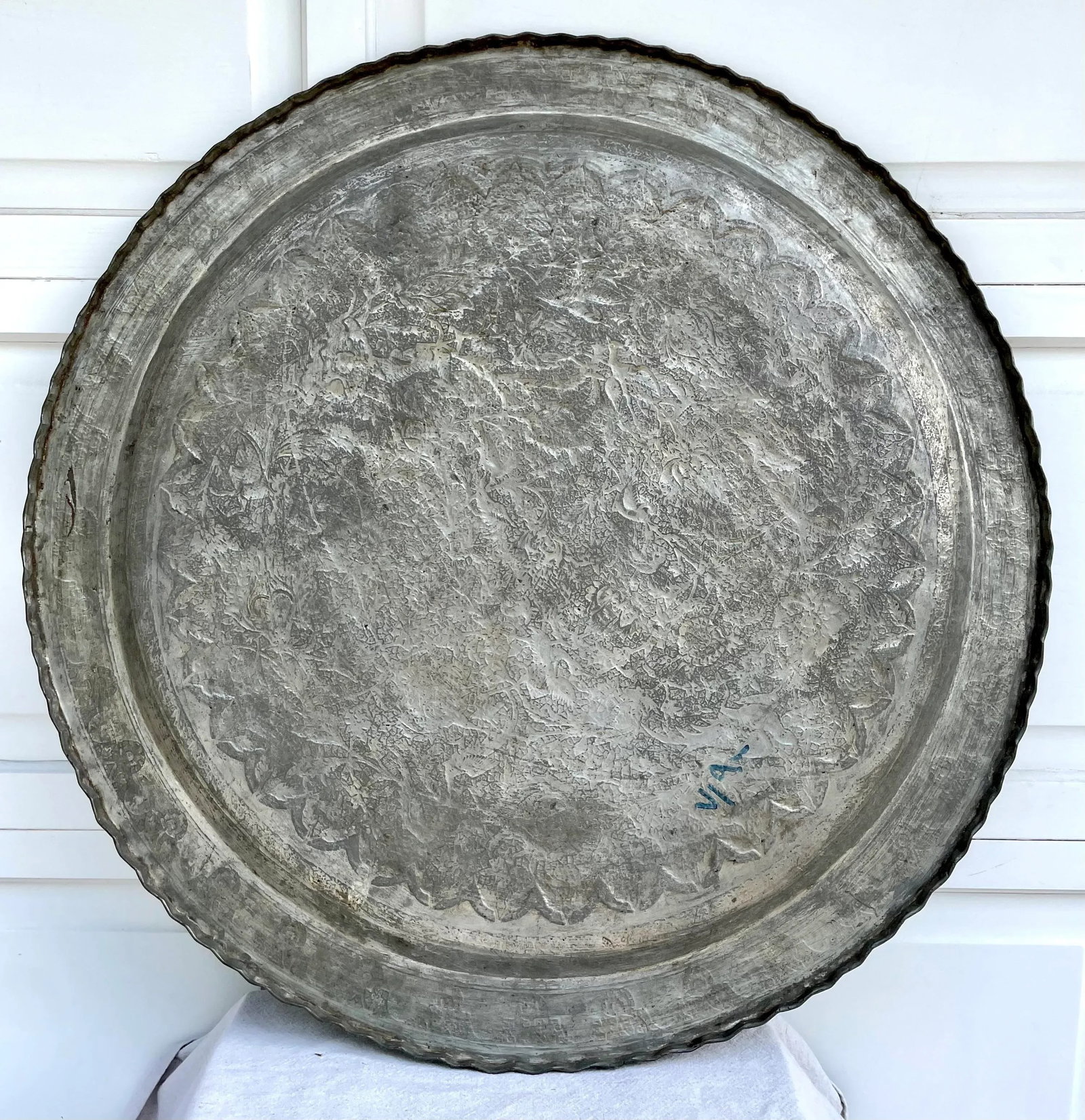 Vintage Islamic Moroccan 34" Engraved Silver Copper Tray Table Top - 9