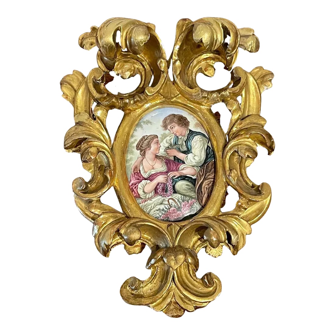 Late 19th Century Giltwood Framed Limoges Enamel after FranâˆšÃŸois Boucher: Giltwood Framed Limoges Enamel after FranÃ§ois Boucher 'The Bird Catchers' France, Circa 1880s Framed in an elaborate hand carved pierced and giltwood three- dimensional Baroque style
