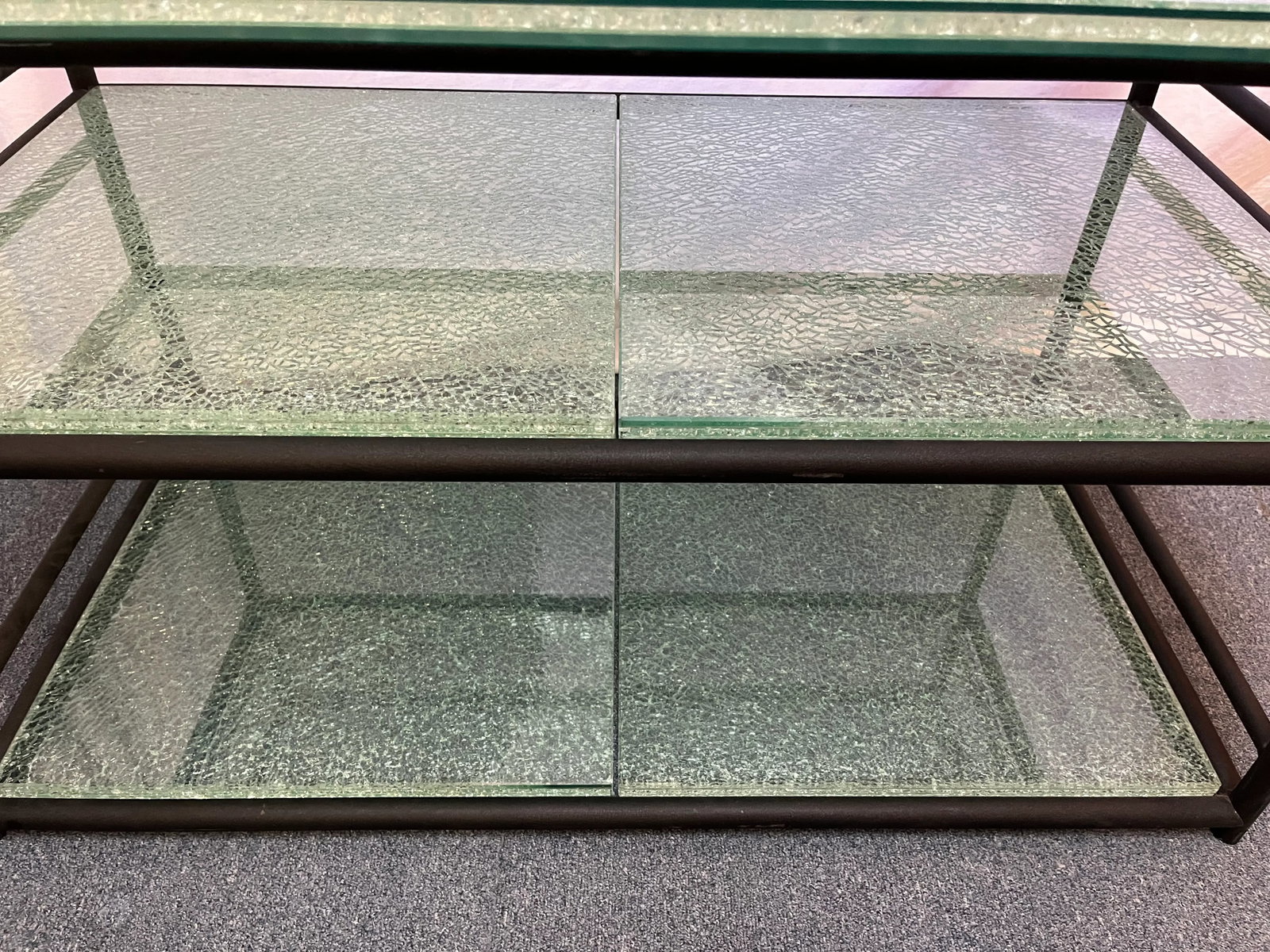 Miami Modern Style Thick Crackle Glass Table With Shelves - 10