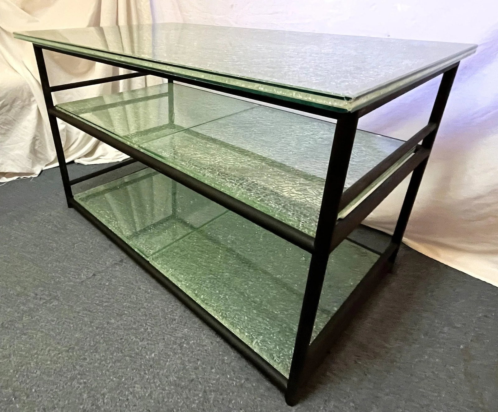 Miami Modern Style Thick Crackle Glass Table With Shelves - 2