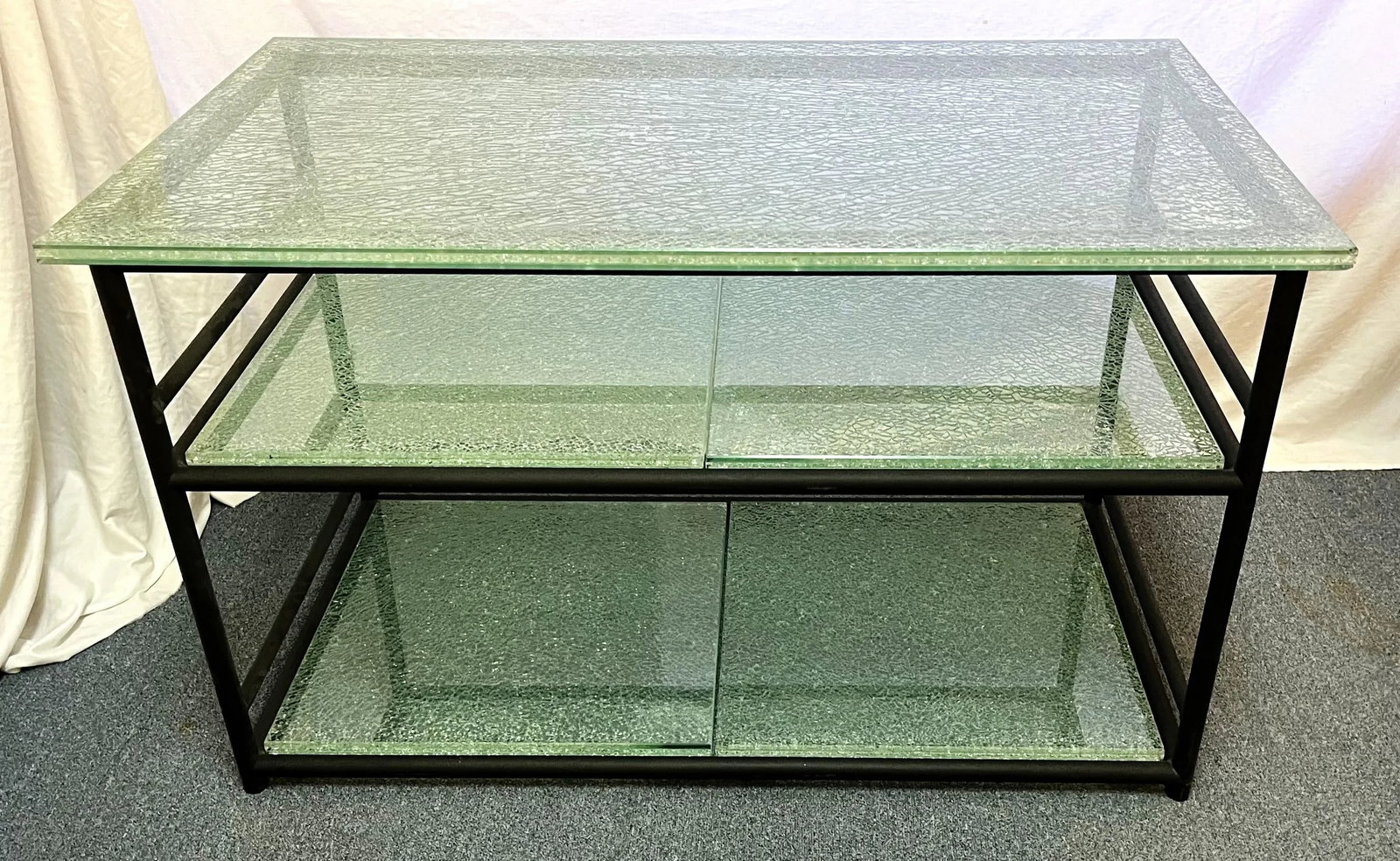 Miami Modern Style Thick Crackle Glass Table With Shelves - 3