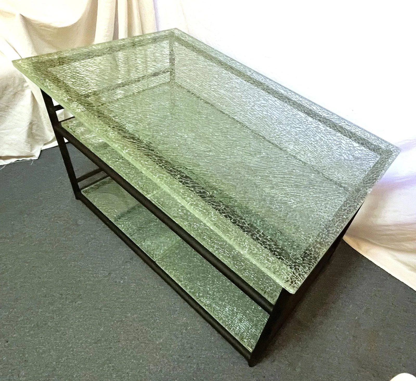Miami Modern Style Thick Crackle Glass Table With Shelves - 4