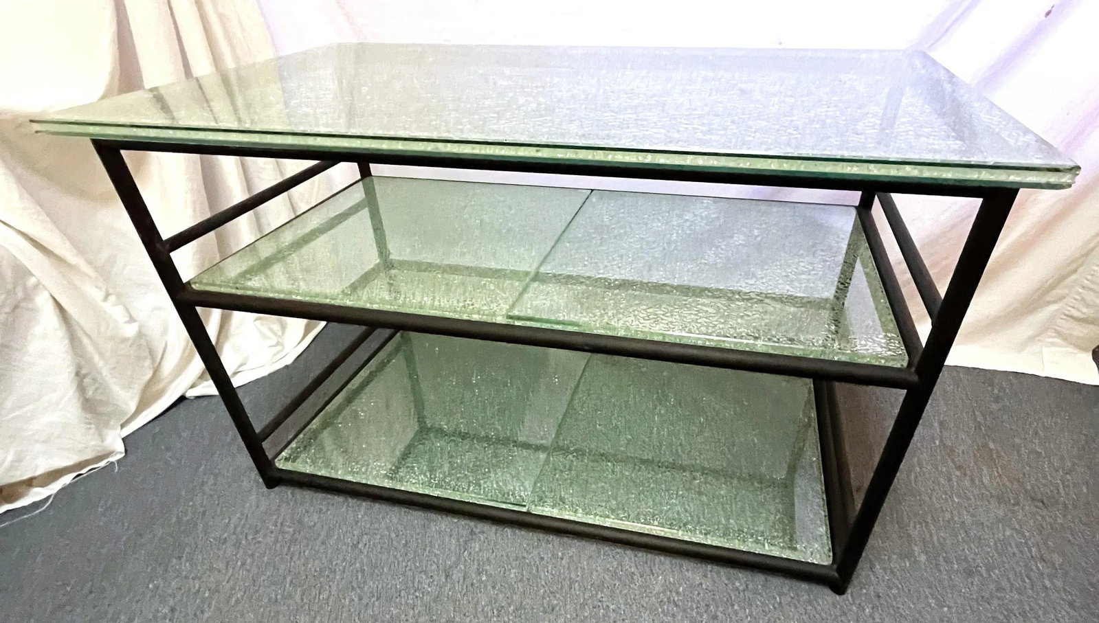 Miami Modern Style Thick Crackle Glass Table With Shelves - 6