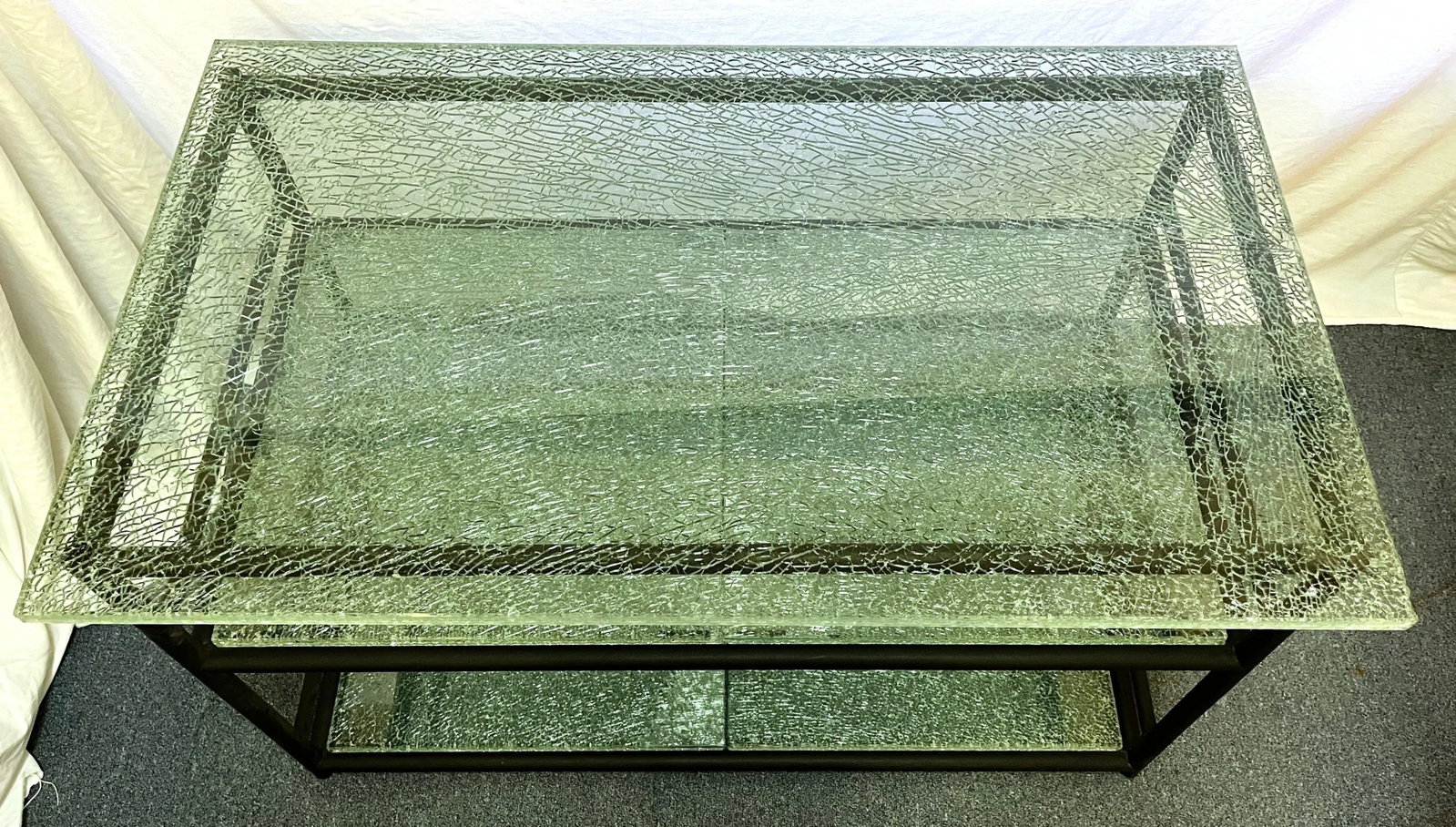 Miami Modern Style Thick Crackle Glass Table With Shelves - 7