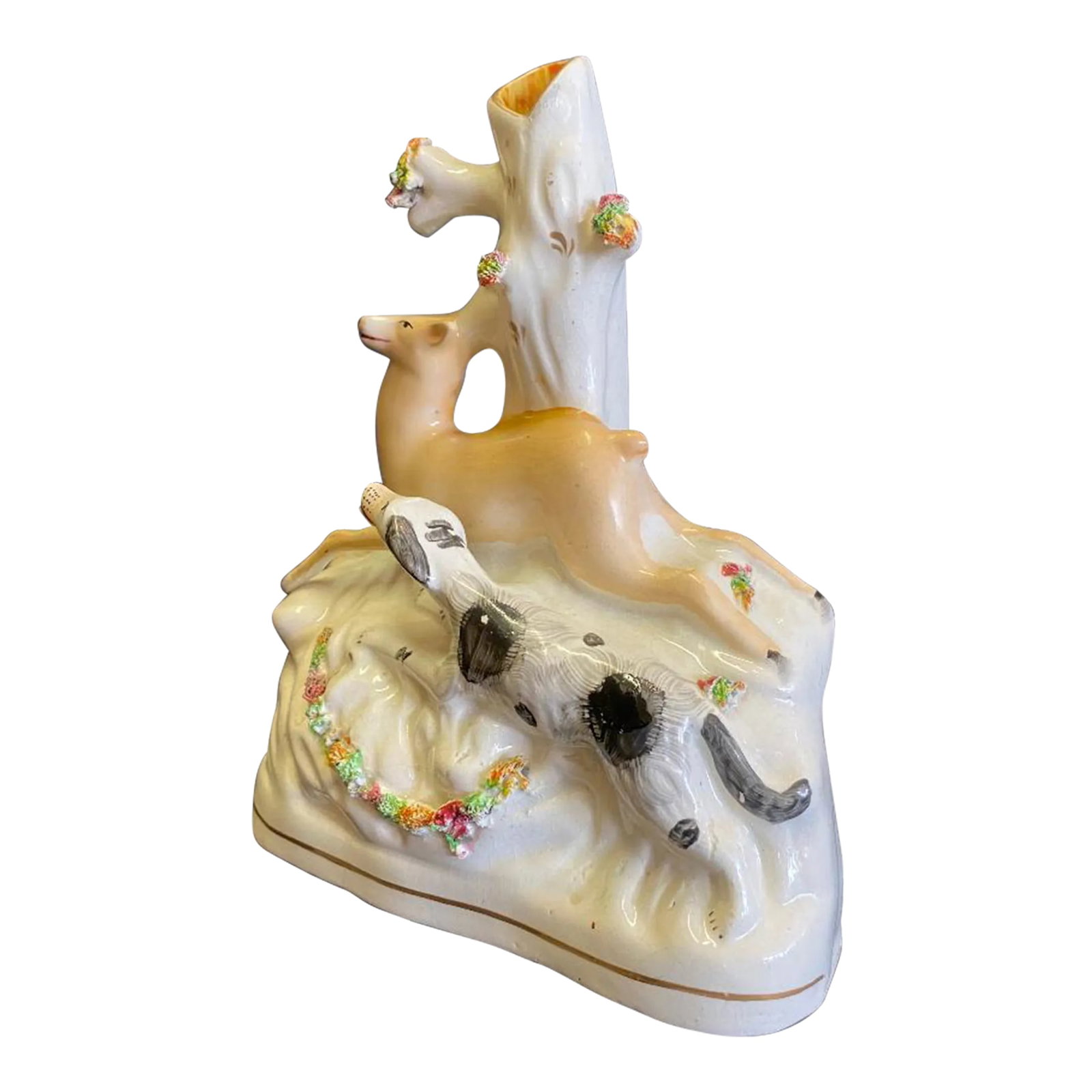 Staffordshire Spill Vase of Dog and Deer: Staffordshire Spill vase with Dog and Deer figures. Condition: Alterations: Original Condition Unaltered Imperfections: Some Imperfections Condition Notes: Good Materials & Techniques: Ceramic