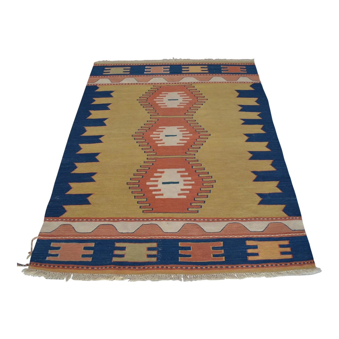 Turkish Rug Hand-Woven Oushak Kilim Rug Vintage but Unused Home Decor - 4'1" X 5'8": Woven in the Aegean region of Anatolia during the 1980s, this vintage Oushak flatweave kilim exemplifies the timeless appeal of tribal geometry and natural dyes. Its striking sawtooth borders and