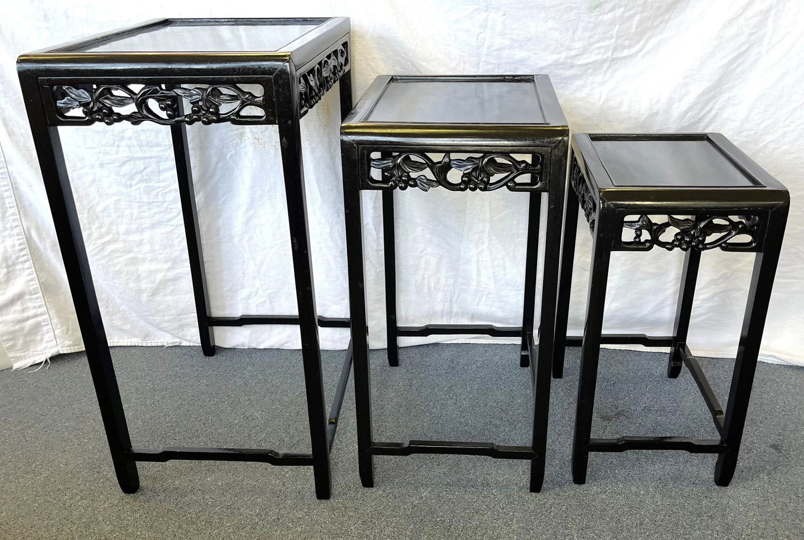 Mid Century Modern Chinese Carved Wood Nesting Tables in Ebony Finish- Set of 3 - 10