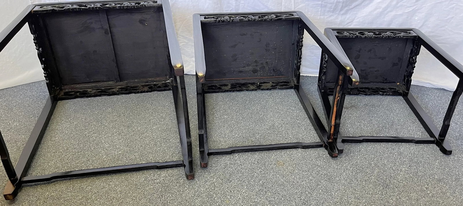Mid Century Modern Chinese Carved Wood Nesting Tables in Ebony Finish- Set of 3 - 11
