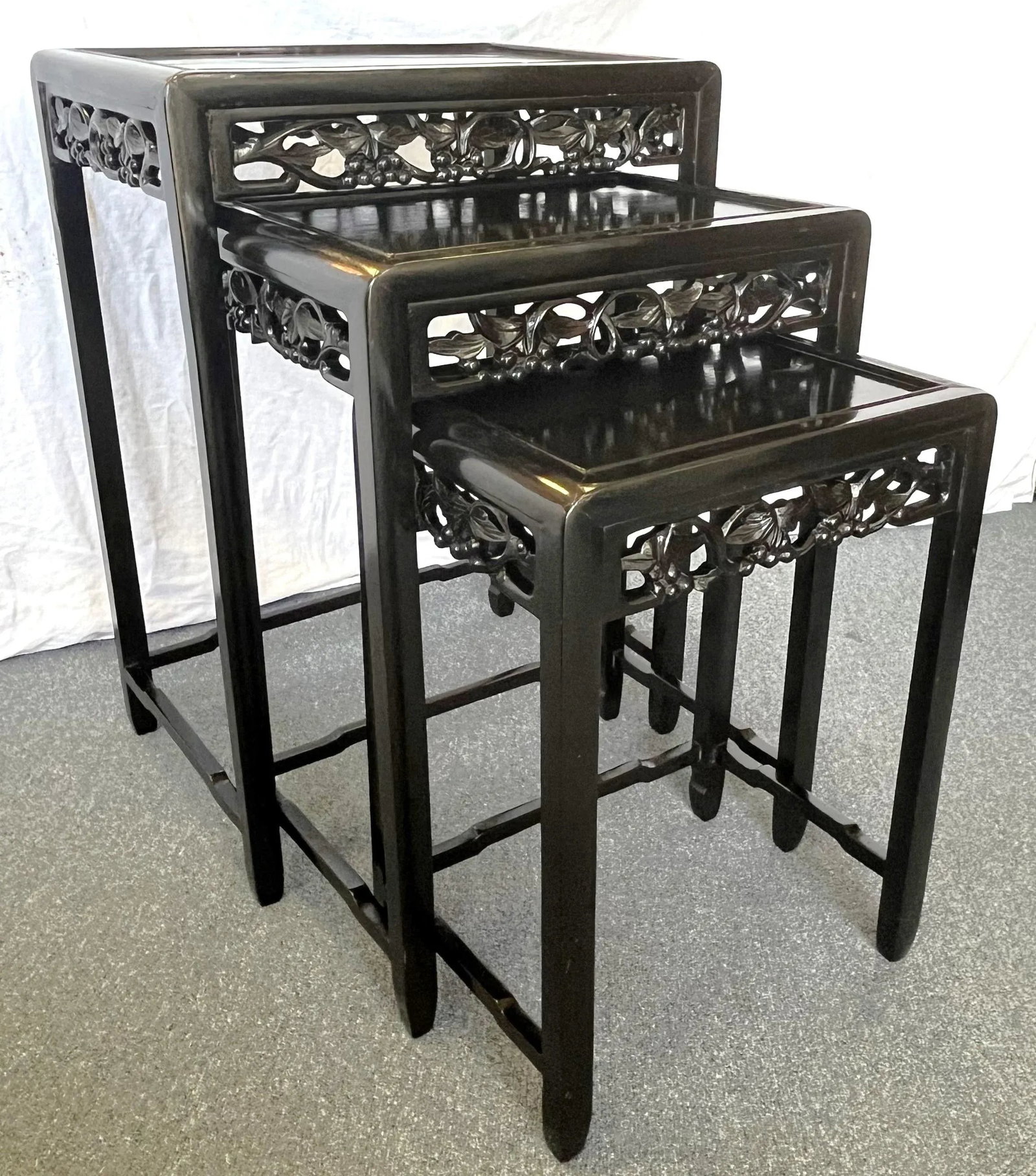 Mid Century Modern Chinese Carved Wood Nesting Tables in Ebony Finish- Set of 3 - 13