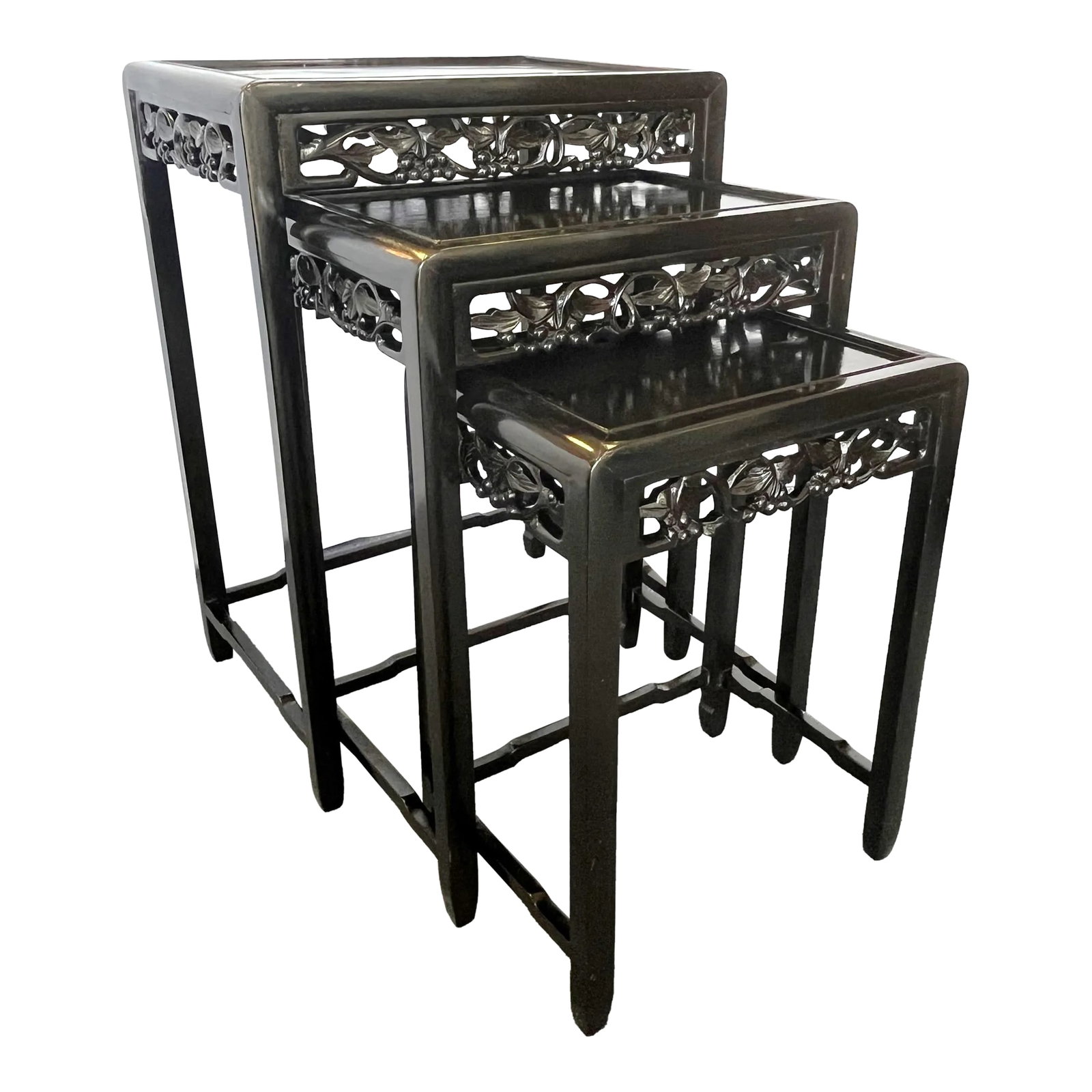 Mid Century Modern Chinese Carved Wood Nesting Tables in Ebony Finish- Set of 3 (1 of 13)