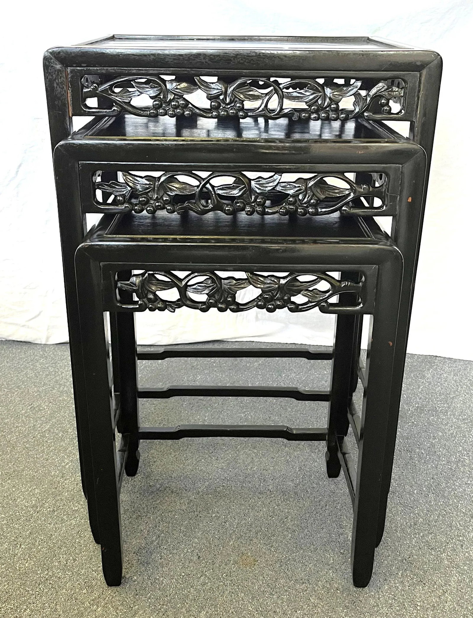 Mid Century Modern Chinese Carved Wood Nesting Tables in Ebony Finish- Set of 3 - 2