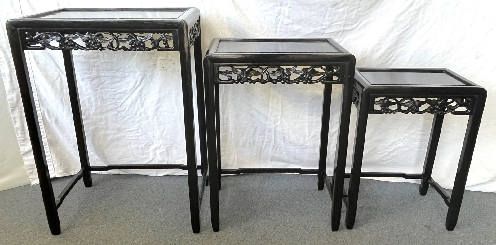 Mid Century Modern Chinese Carved Wood Nesting Tables in Ebony Finish- Set of 3 - 3