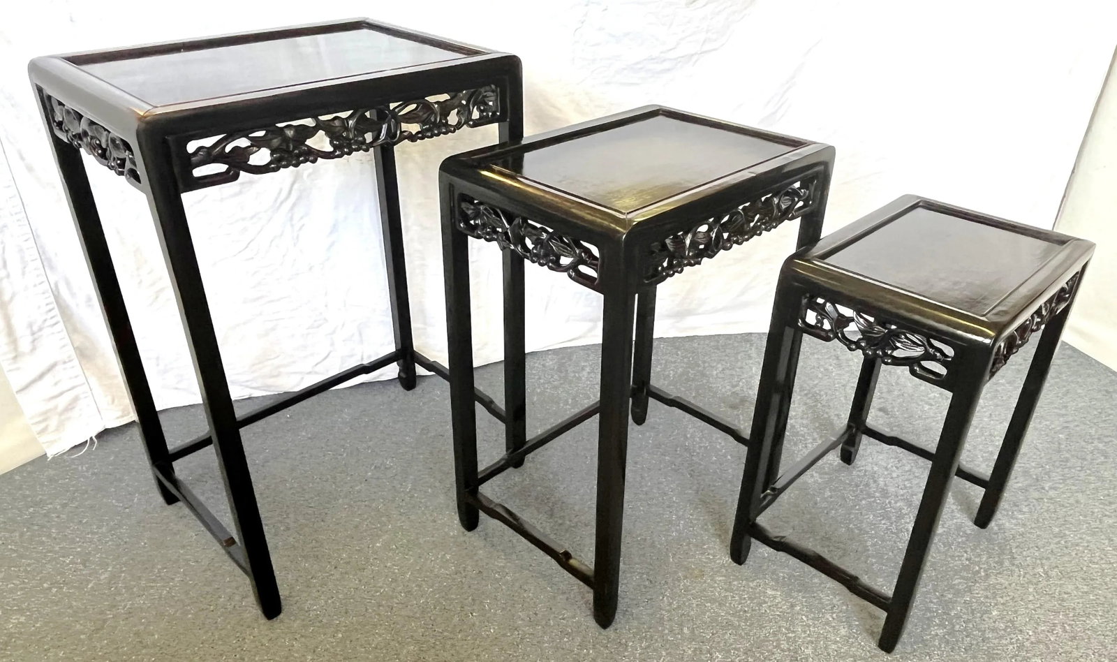 Mid Century Modern Chinese Carved Wood Nesting Tables in Ebony Finish- Set of 3 - 6