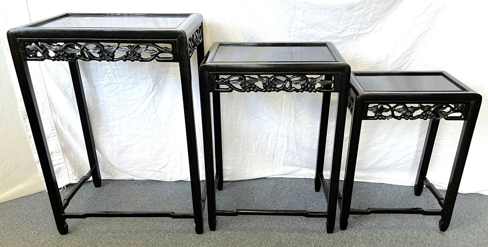 Mid Century Modern Chinese Carved Wood Nesting Tables in Ebony Finish- Set of 3 - 9