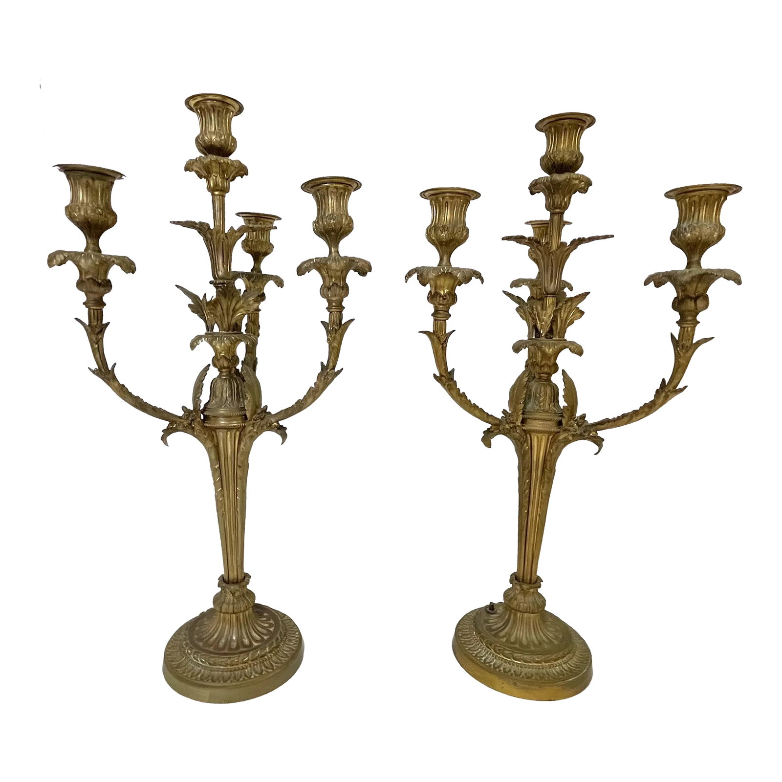 19Th Century French Dorè Bronze 4-Arm Candelabra- a Pair: Sophisticated pair of 19th Century French candelabra! Each is made of heavy Dorè bronze, and has four candle arms. They are detailed in scrolling leaf patterns from the base to the top, and have
