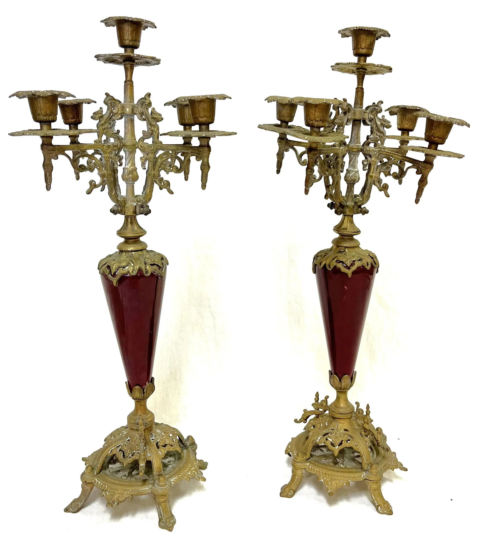 Antique Regency Heavy Brass With Red Enamel 5-Arm Candelabra With Griffin Accents- a Pair - 13