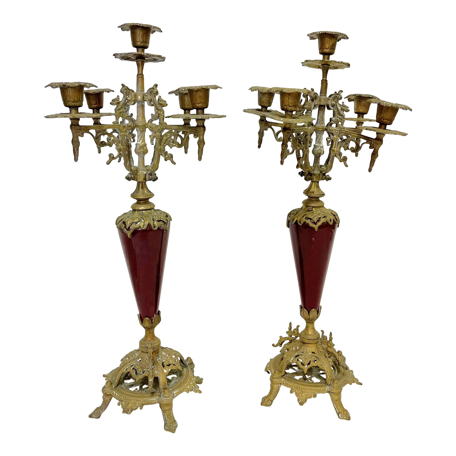 Antique Regency Heavy Brass With Red Enamel 5-Arm Candelabra With Griffin Accents- a Pair: Pretty pair of antique Regency style candelabra! Each is made of brass with a burgundy enamel body, and five candle arms. They are detailed with four brass griffins near the top, and have an awesome