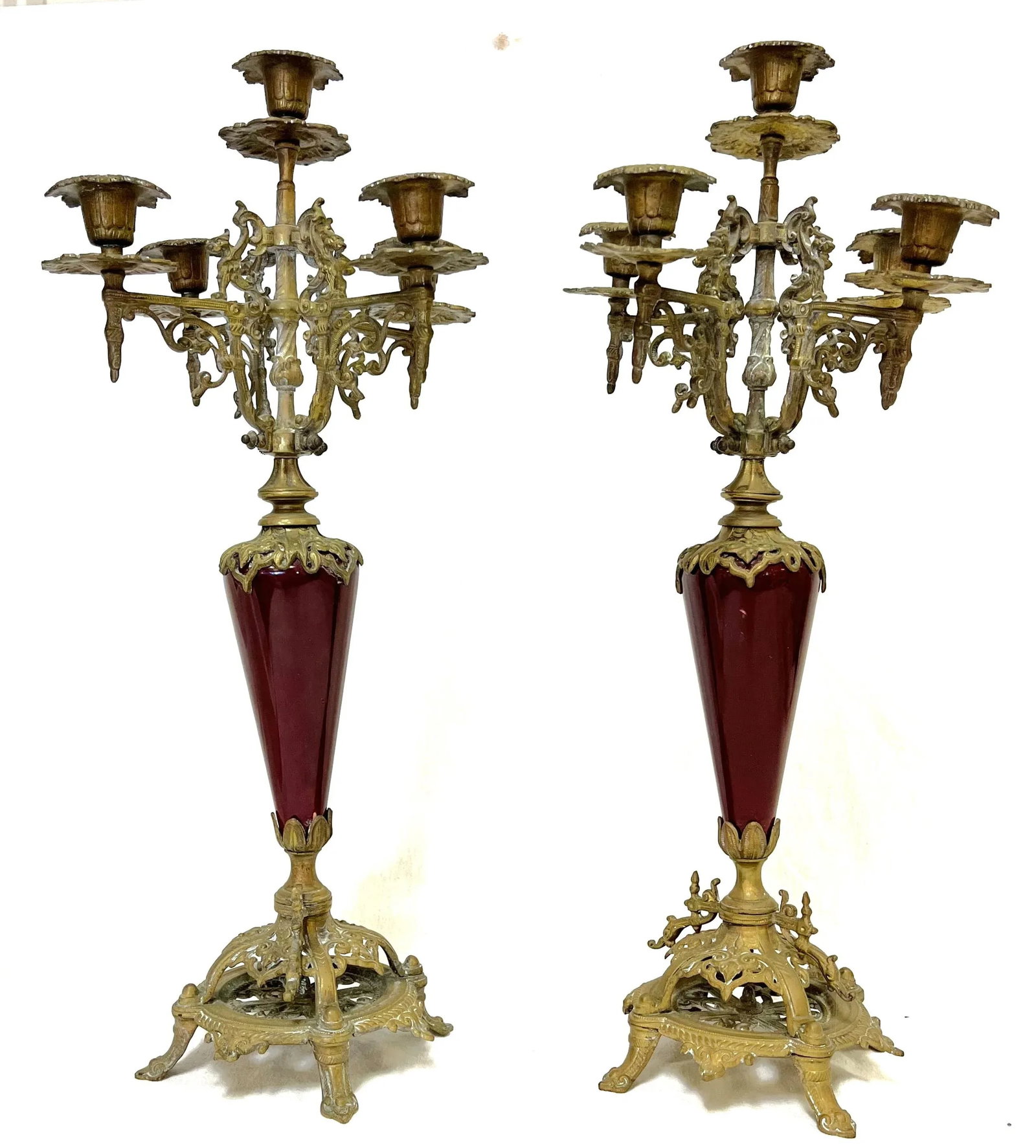 Antique Regency Heavy Brass With Red Enamel 5-Arm Candelabra With Griffin Accents- a Pair - 2