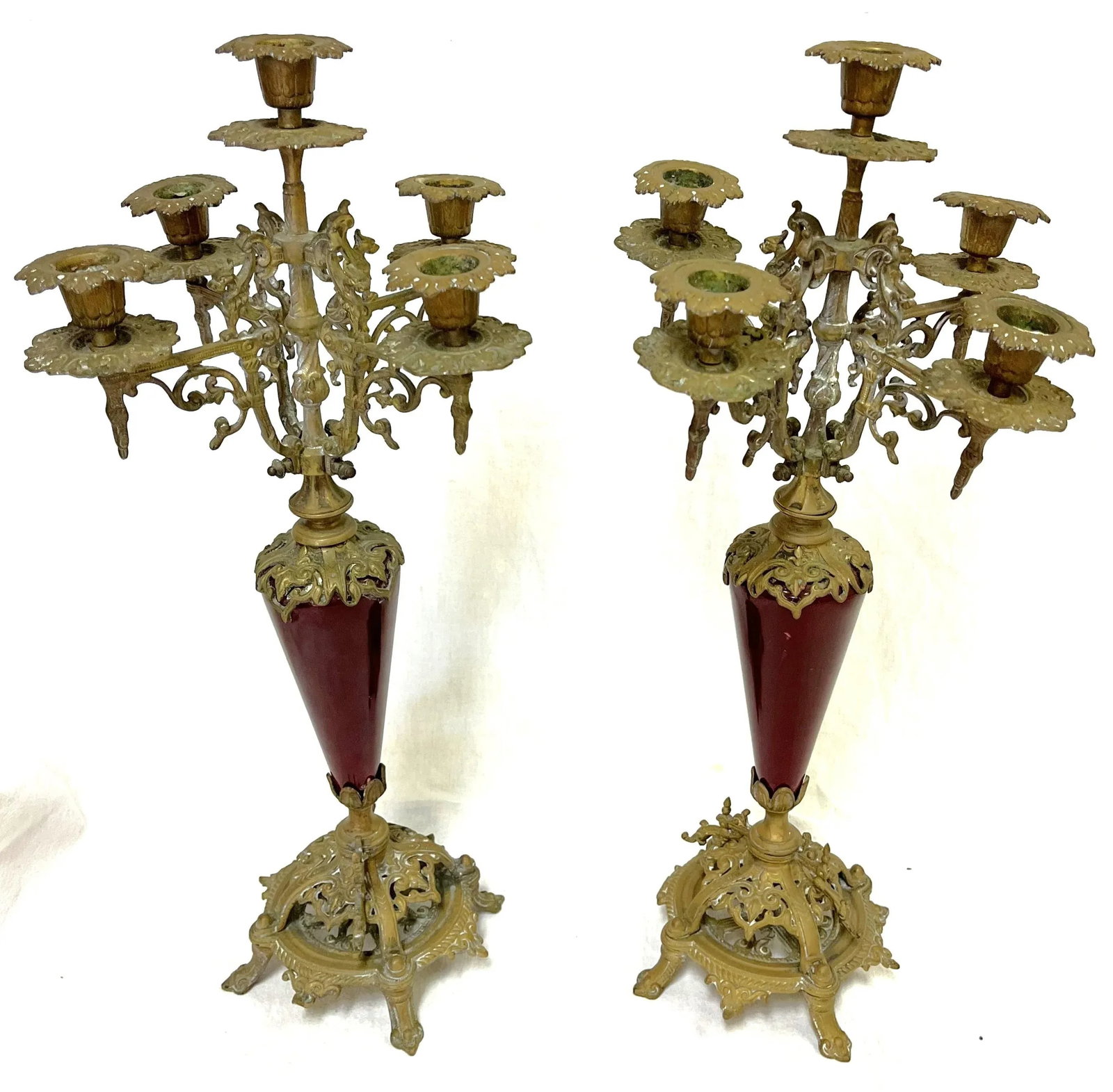 Antique Regency Heavy Brass With Red Enamel 5-Arm Candelabra With Griffin Accents- a Pair - 3