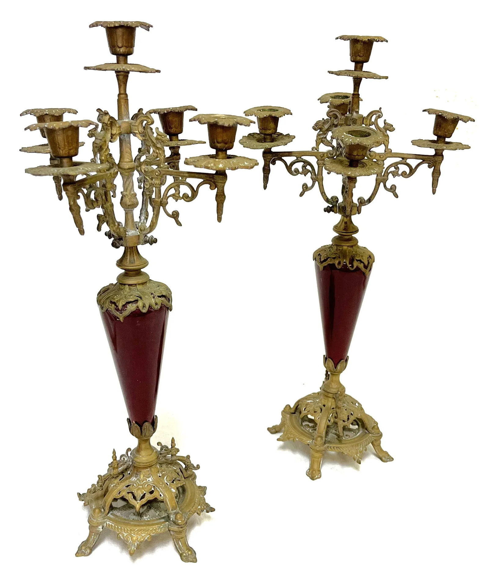 Antique Regency Heavy Brass With Red Enamel 5-Arm Candelabra With Griffin Accents- a Pair - 4