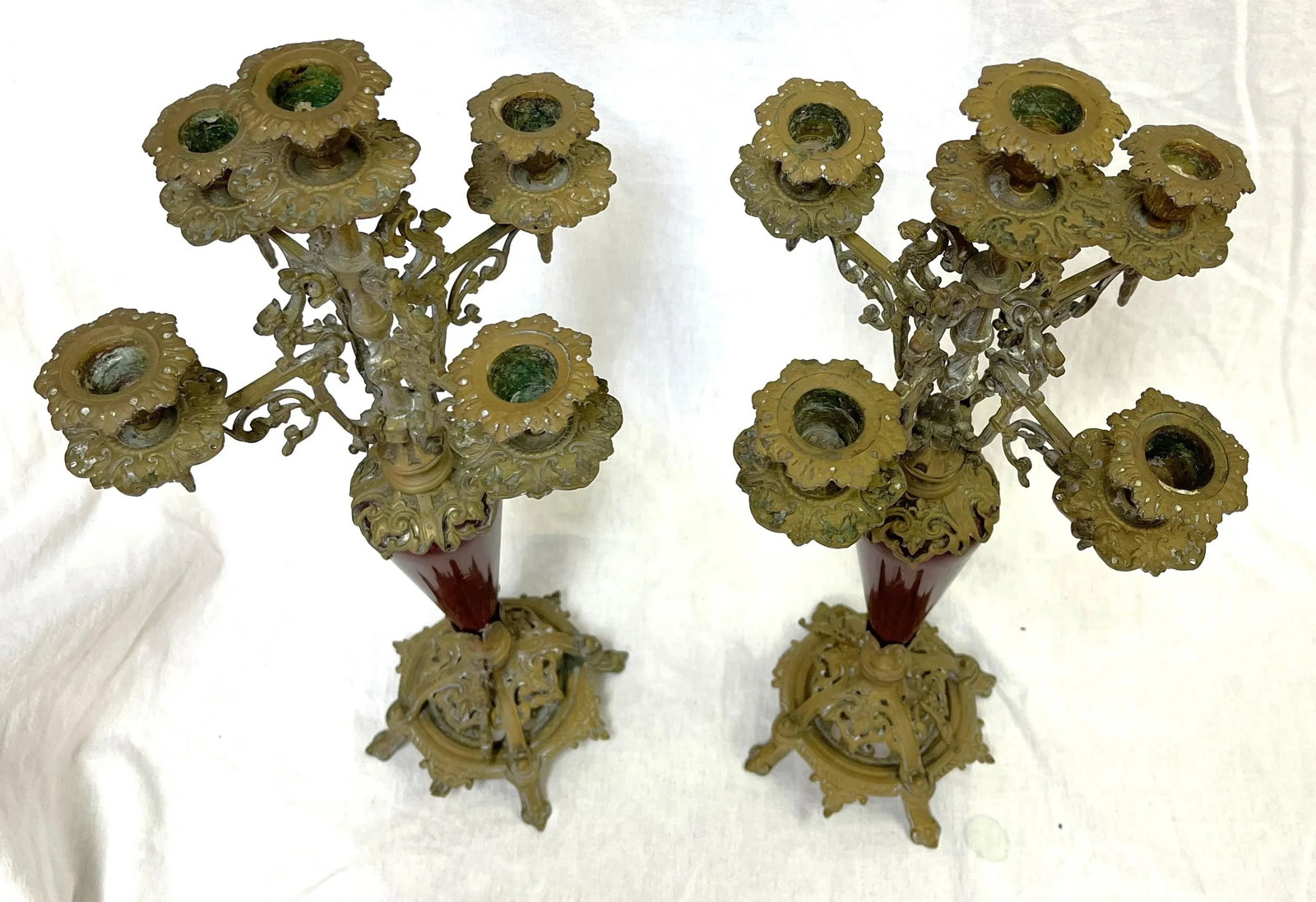 Antique Regency Heavy Brass With Red Enamel 5-Arm Candelabra With Griffin Accents- a Pair - 5