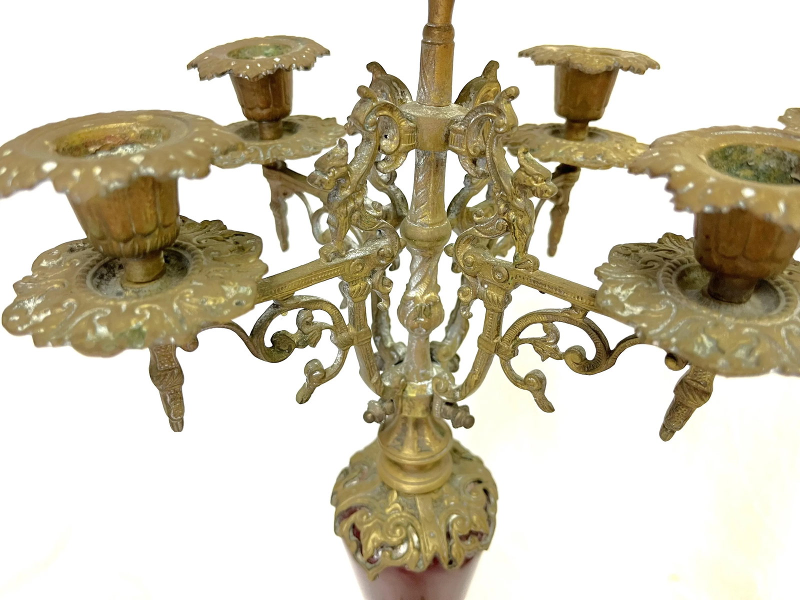 Antique Regency Heavy Brass With Red Enamel 5-Arm Candelabra With Griffin Accents- a Pair - 7