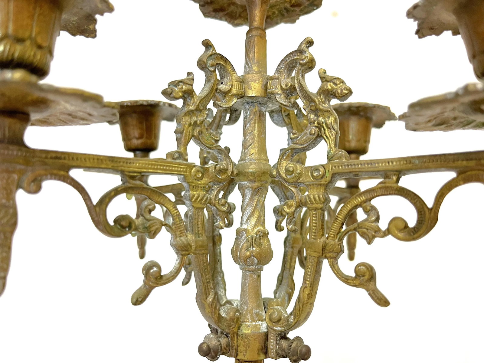 Antique Regency Heavy Brass With Red Enamel 5-Arm Candelabra With Griffin Accents- a Pair - 8