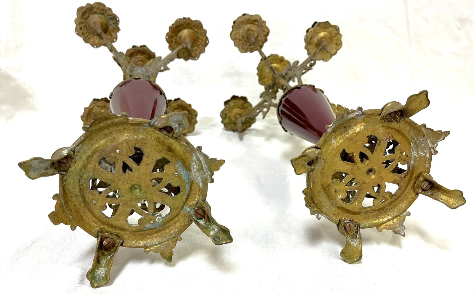 Antique Regency Heavy Brass With Red Enamel 5-Arm Candelabra With Griffin Accents- a Pair - 9