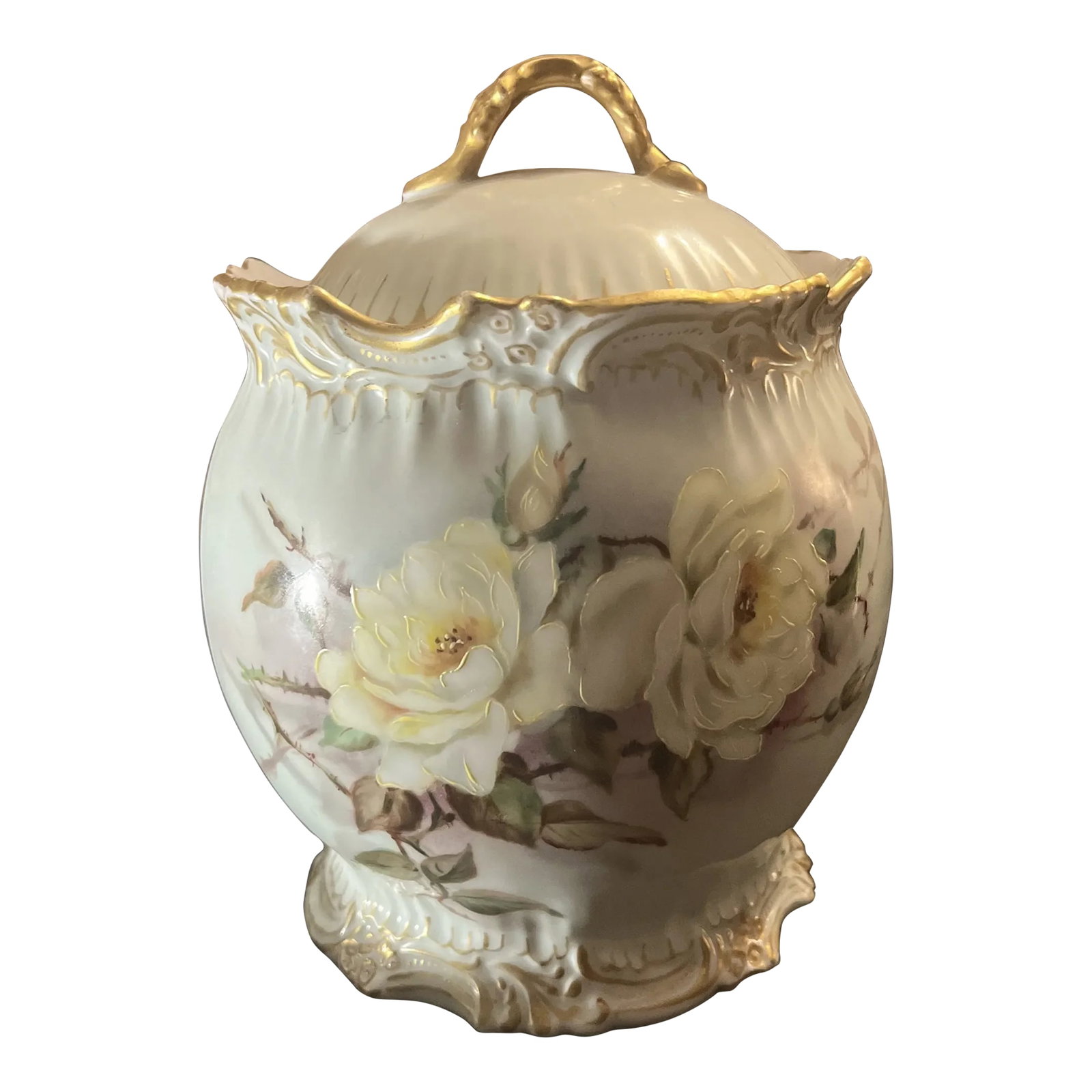 Antique T&v Limoges France Hand Painted Biscuit Jar: Cream colored lidded biscuit jar with yellow roses, vines/leaves motif, and gold accents. T&V (Tressemanes & Vogt) Limoges Circa 1892-1907. Condition: Alterations: Original Condition Unaltered Imperfe