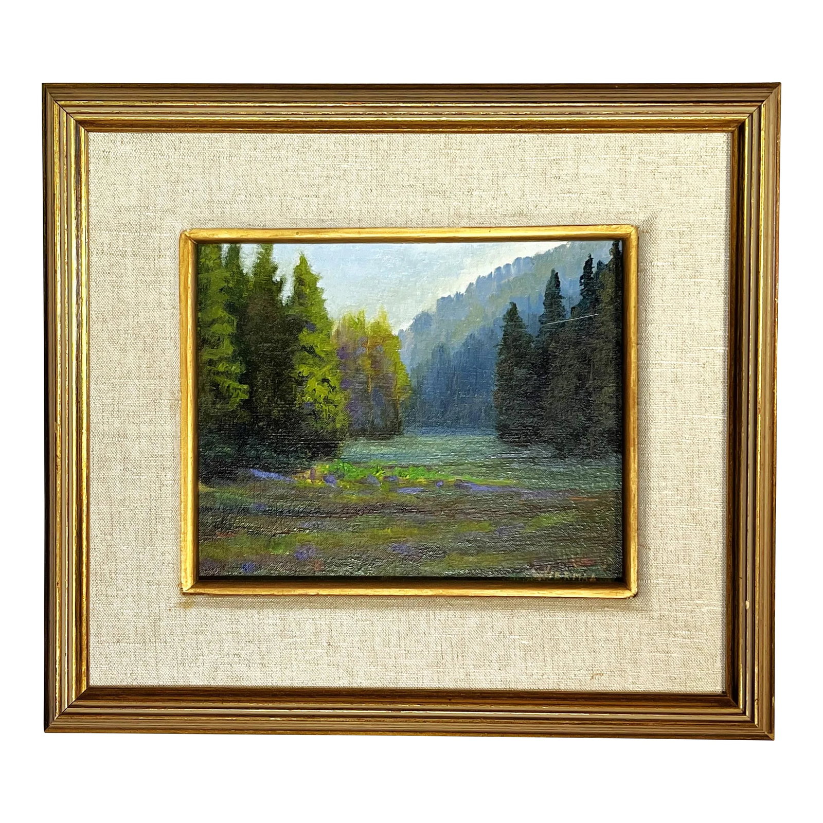 Bob Wiermaa (California 1934- Present) Signed Original Oil Painting on Board "Sequoia Meadow": Signed original oil painting by Bob Wiermaa (California, 1934-present). It is beautifully rendered in Wiermaa's impressionist style with muted natural green, blue and purple tones. There's a tag on