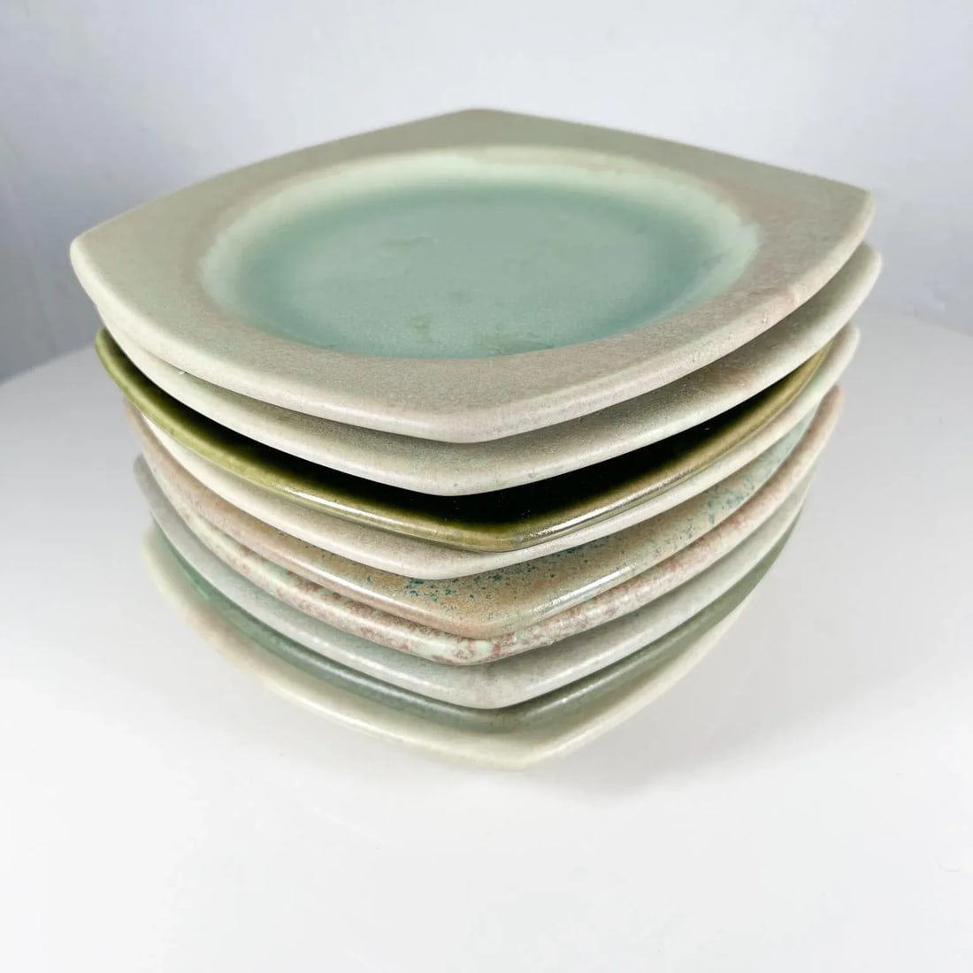 1980s Modern Set of 9 Square Plates Sculptural Art Pottery - 10