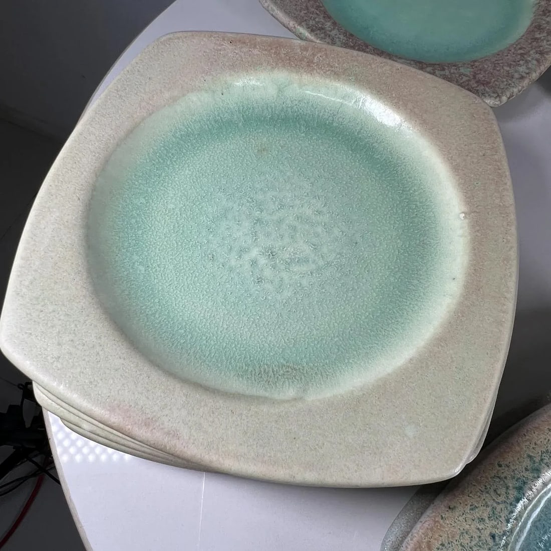 1980s Modern Set of 9 Square Plates Sculptural Art Pottery - 7
