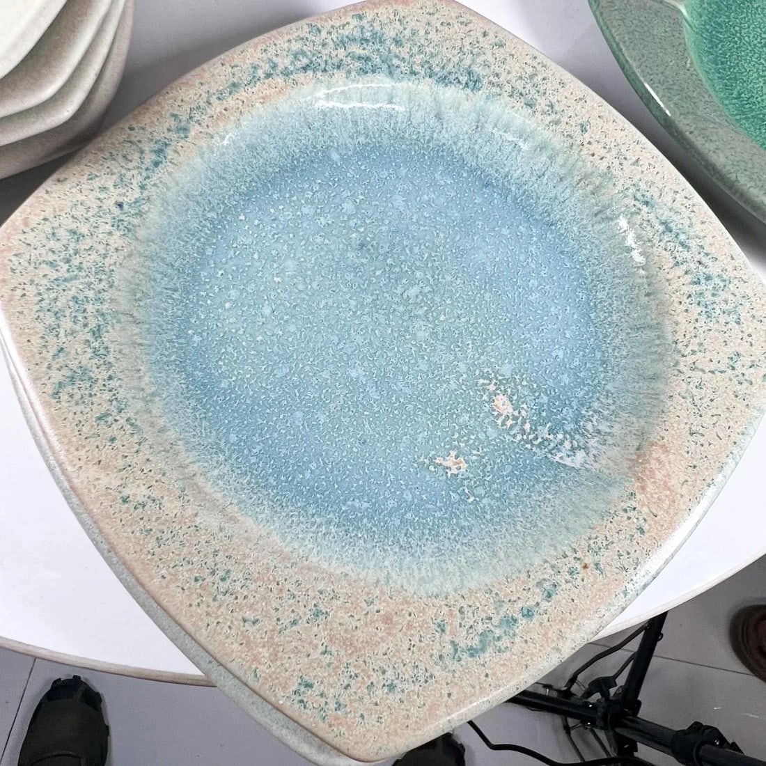 1980s Modern Set of 9 Square Plates Sculptural Art Pottery - 8