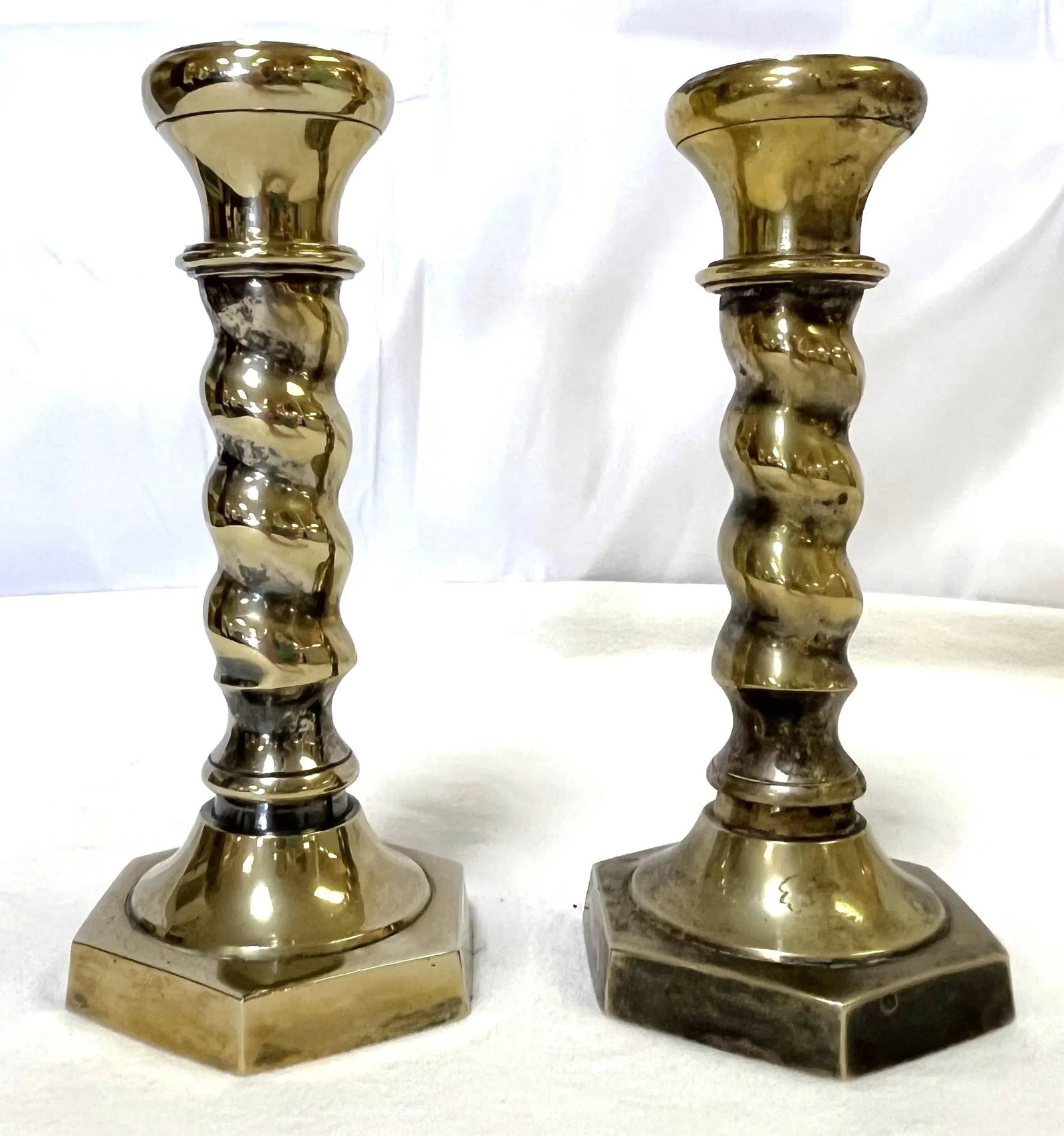 1970's William Adams 7" High Brass Plated Barley Twist Candlesticks Made in India- a Pair - 10