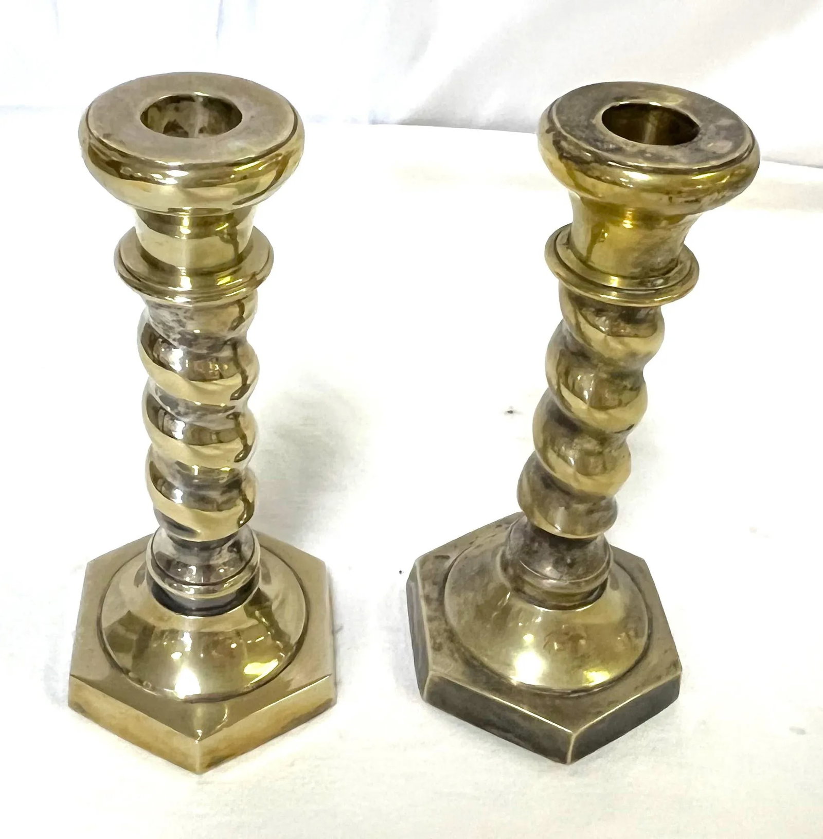 1970's William Adams 7" High Brass Plated Barley Twist Candlesticks Made in India- a Pair - 2
