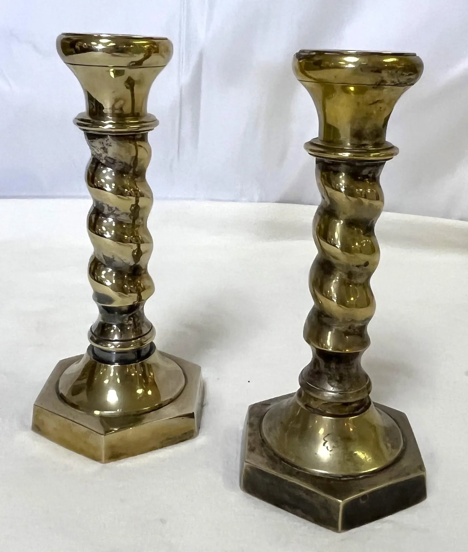 1970's William Adams 7" High Brass Plated Barley Twist Candlesticks Made in India- a Pair - 3
