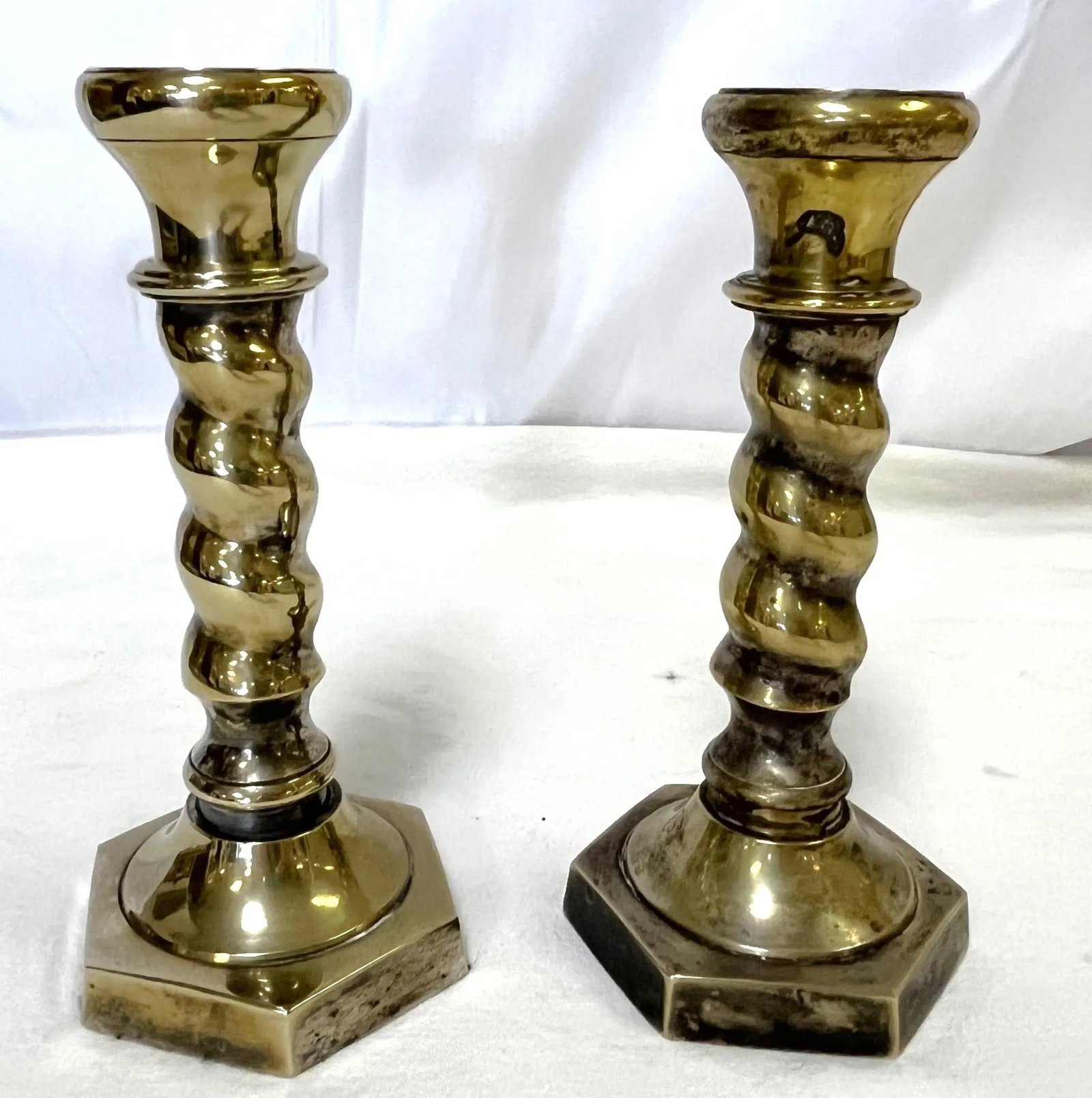 1970's William Adams 7" High Brass Plated Barley Twist Candlesticks Made in India- a Pair - 5