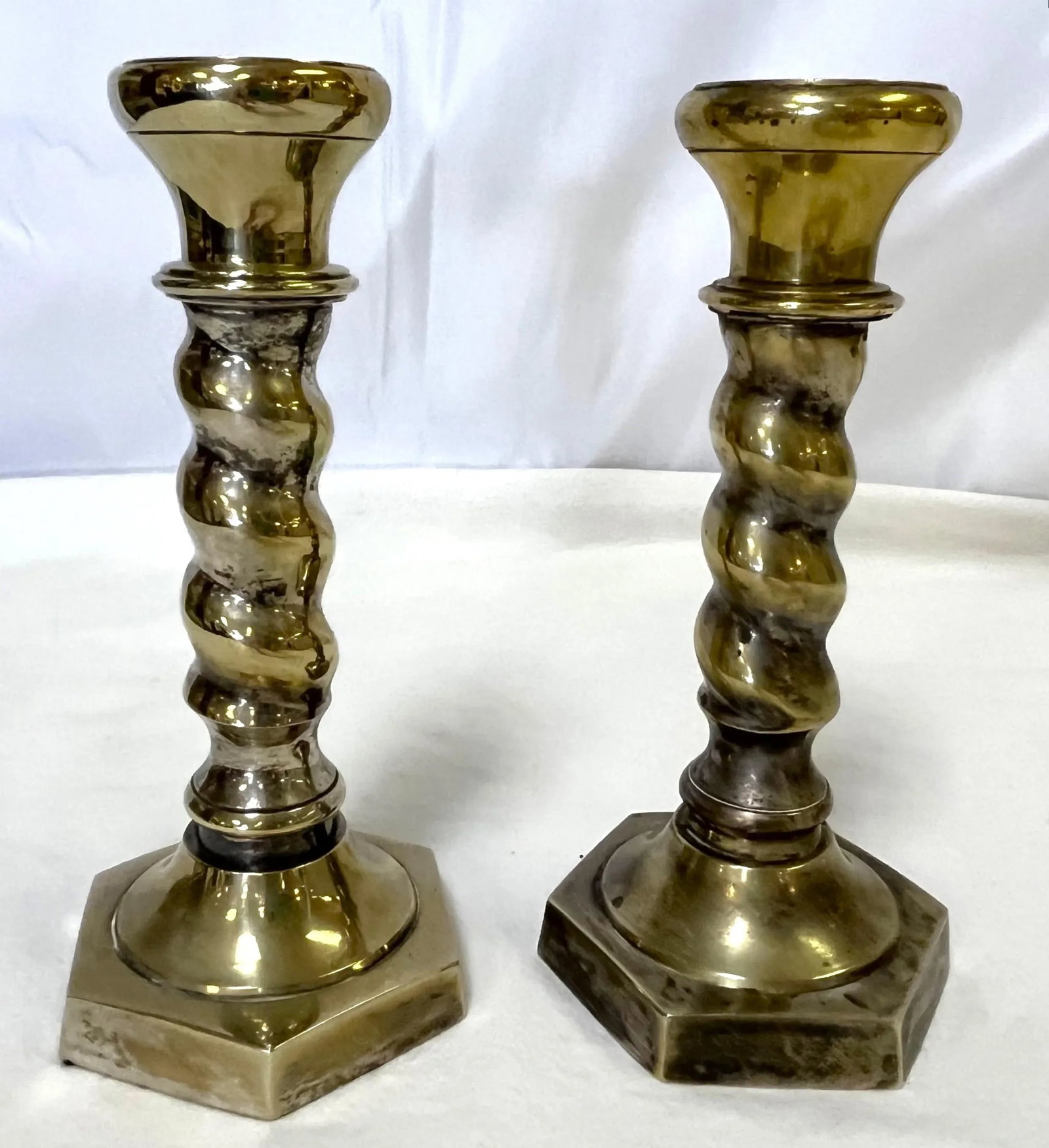 1970's William Adams 7" High Brass Plated Barley Twist Candlesticks Made in India- a Pair - 6